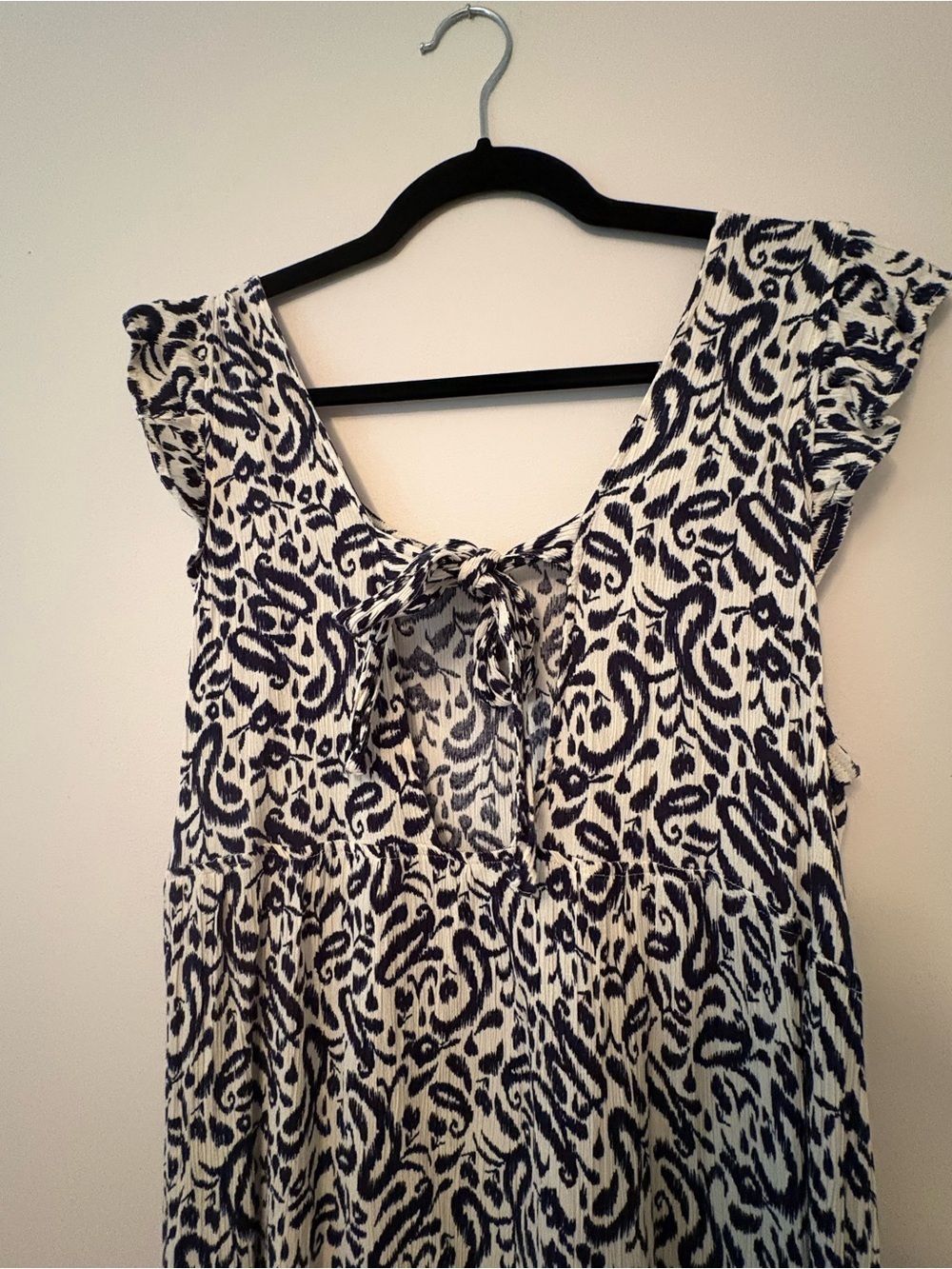 Navy Blue & Cream Paisley Crinkle Tie-Back Flutter Sleeve Midi Dress Size XL - Picture 5 of 6